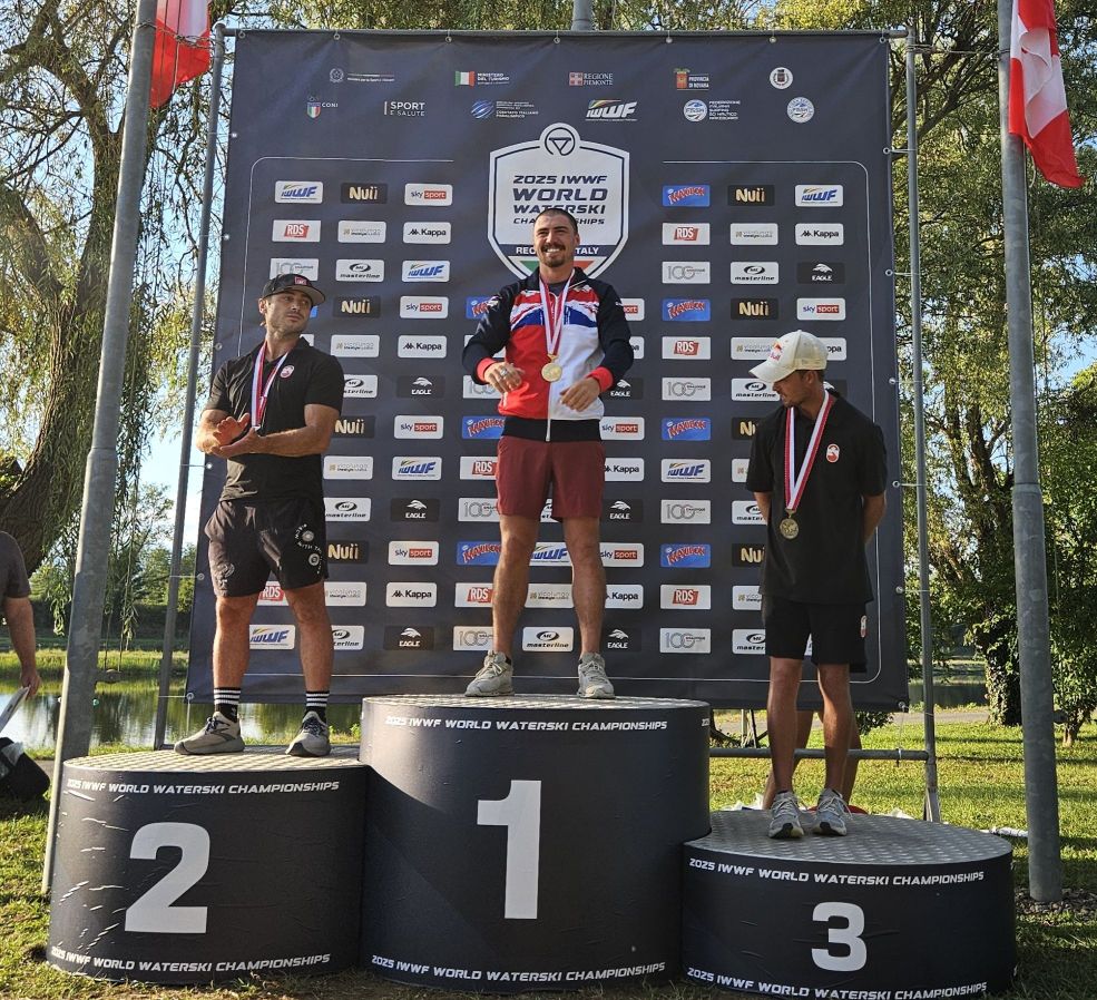 Joel Poland tops the podium in Men's Jump at the 2025 World Waterski Championships - photo BWSW